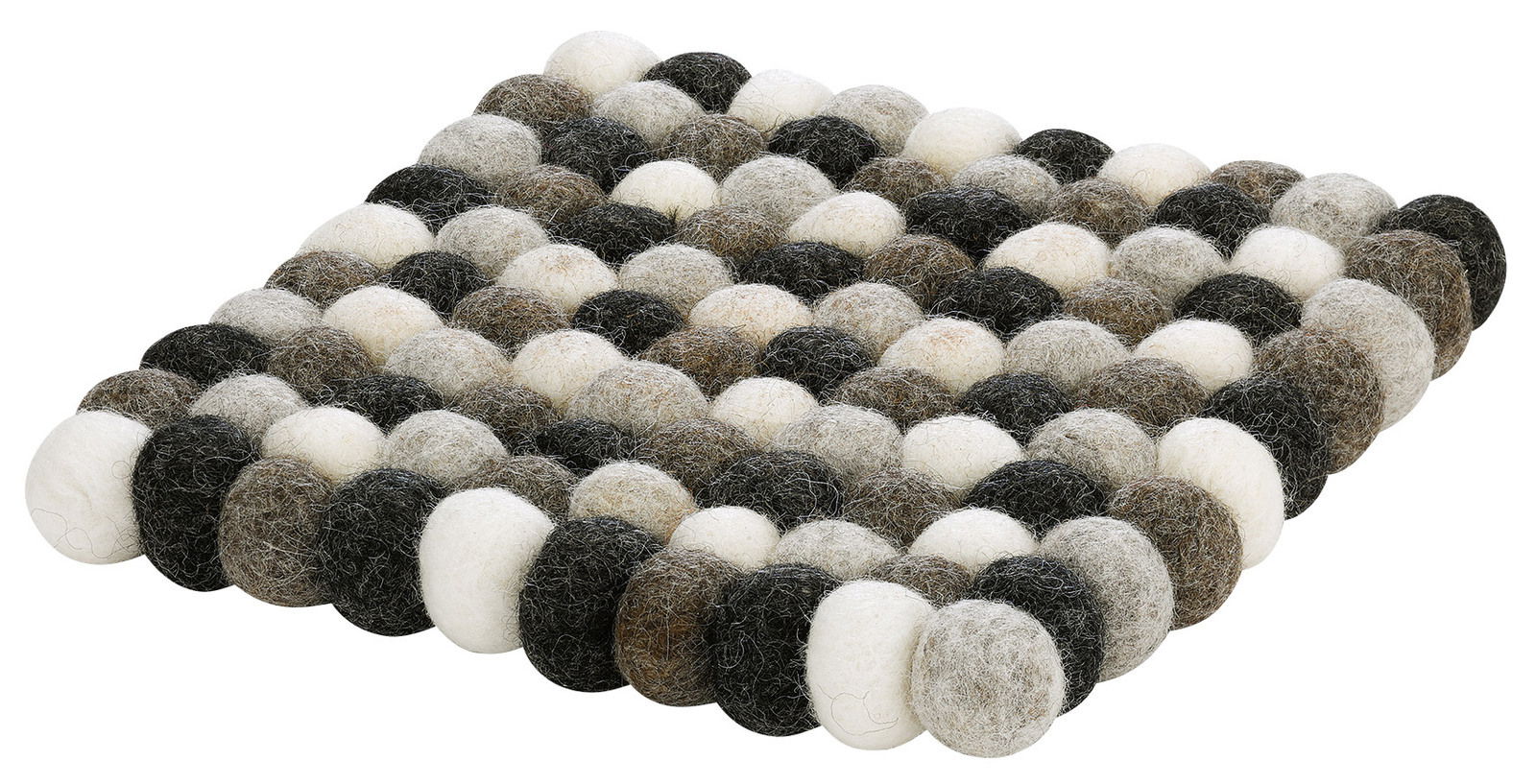Quadratischer Untersetzer aus Filzkugeln in verschiedenen Grautönen, seitliche Perspektive