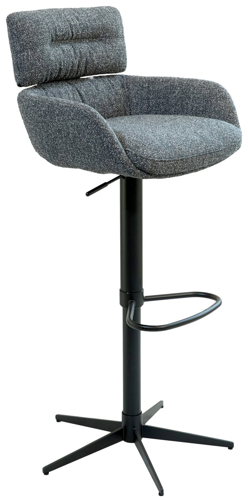 Dieter Knoll Barhocker PABLO Grauer Barhocker mit gepolsterter Rückenlehne und Sitzfläche, höhenverstellbar, mit schwarzem Metallfuß und Fußstütze, seitliche Perspektive