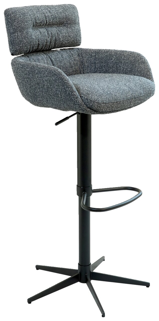Grauer Barhocker mit gepolsterter Rückenlehne und Sitzfläche, höhenverstellbar, mit schwarzem Metallfuß und Fußstütze, seitliche Perspektive
