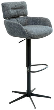 Grauer Barhocker mit gepolsterter Rückenlehne und Sitzfläche, höhenverstellbar, mit schwarzem Metallfuß und Fußstütze, seitliche Perspektive