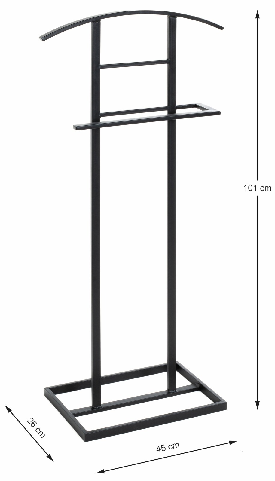 Schwarzer Herrendiener aus Metall, frontal abgebildet, mit einer Höhe von 101 cm, einer Breite von 45 cm und einer Tiefe von 26 cm.