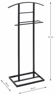 Schwarzer Herrendiener aus Metall, frontal abgebildet, mit einer Höhe von 101 cm, einer Breite von 45 cm und einer Tiefe von 26 cm.