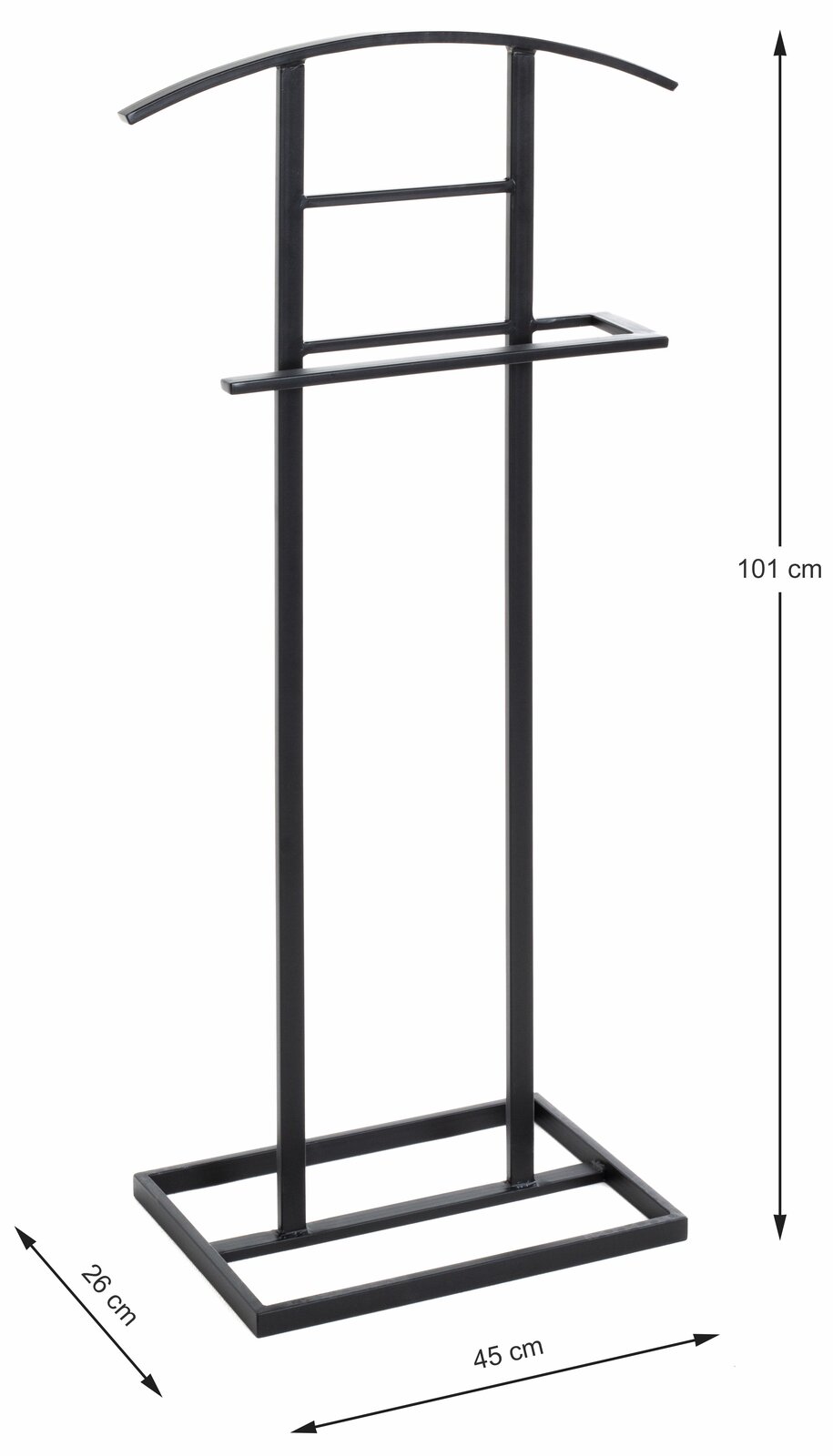 Schwarzer Herrendiener aus Metall, frontal abgebildet, mit einer Höhe von 101 cm, einer Breite von 45 cm und einer Tiefe von 26 cm.
