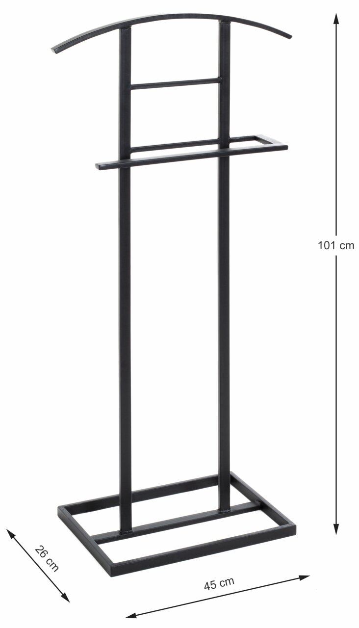 Schwarzer Herrendiener aus Metall, frontal abgebildet, mit einer Höhe von 101 cm, einer Breite von 45 cm und einer Tiefe von 26 cm.