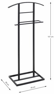 Schwarzer Herrendiener aus Metall, frontal abgebildet, mit einer Höhe von 101 cm, einer Breite von 45 cm und einer Tiefe von 26 cm.