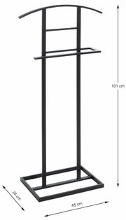 Schwarzer Herrendiener aus Metall, frontal abgebildet, mit einer Höhe von 101 cm, einer Breite von 45 cm und einer Tiefe von 26 cm.