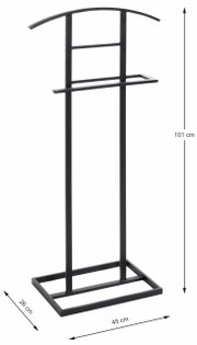 Schwarzer Herrendiener aus Metall, frontal abgebildet, mit einer Höhe von 101 cm, einer Breite von 45 cm und einer Tiefe von 26 cm.
