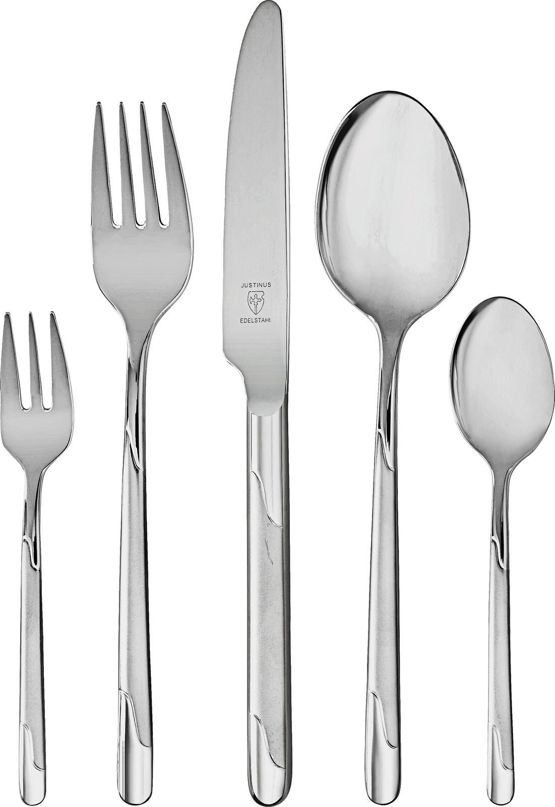Justinus Besteck Viva 60-tlg. Set aus Edelstahlbesteck bestehend aus Gabel, Messer, Esslöffel, Dessertgabel und Teelöffel, frontal abgebildet.