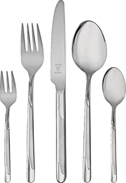 Set aus Edelstahlbesteck bestehend aus Gabel, Messer, Esslöffel, Dessertgabel und Teelöffel, frontal abgebildet.