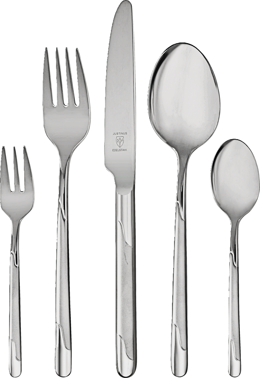 Set aus Edelstahlbesteck bestehend aus Gabel, Messer, Esslöffel, Dessertgabel und Teelöffel, frontal abgebildet.