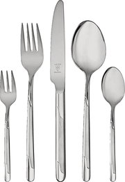 Set aus Edelstahlbesteck bestehend aus Gabel, Messer, Esslöffel, Dessertgabel und Teelöffel, frontal abgebildet.