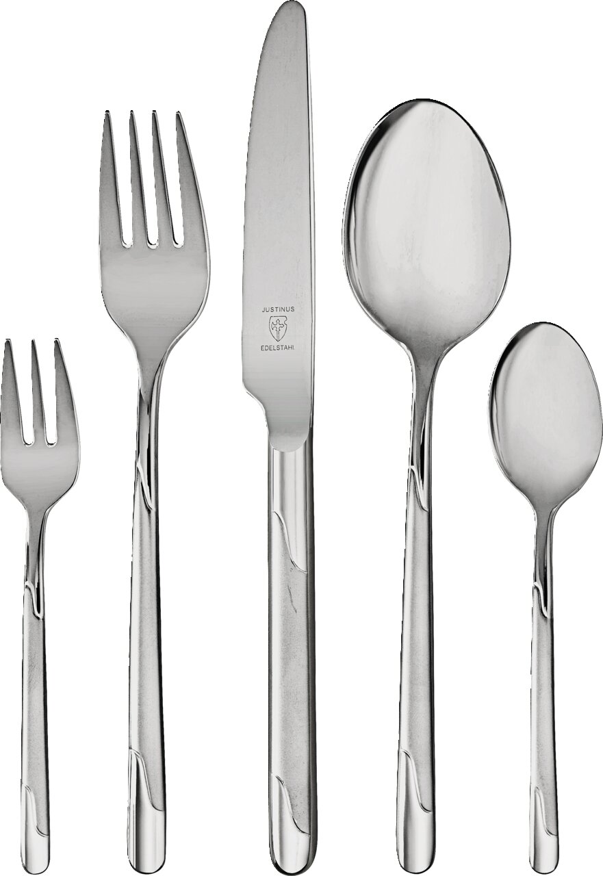 Justinus Besteck Viva 60-tlg. Set aus Edelstahlbesteck bestehend aus Gabel, Messer, Esslöffel, Dessertgabel und Teelöffel, frontal abgebildet.