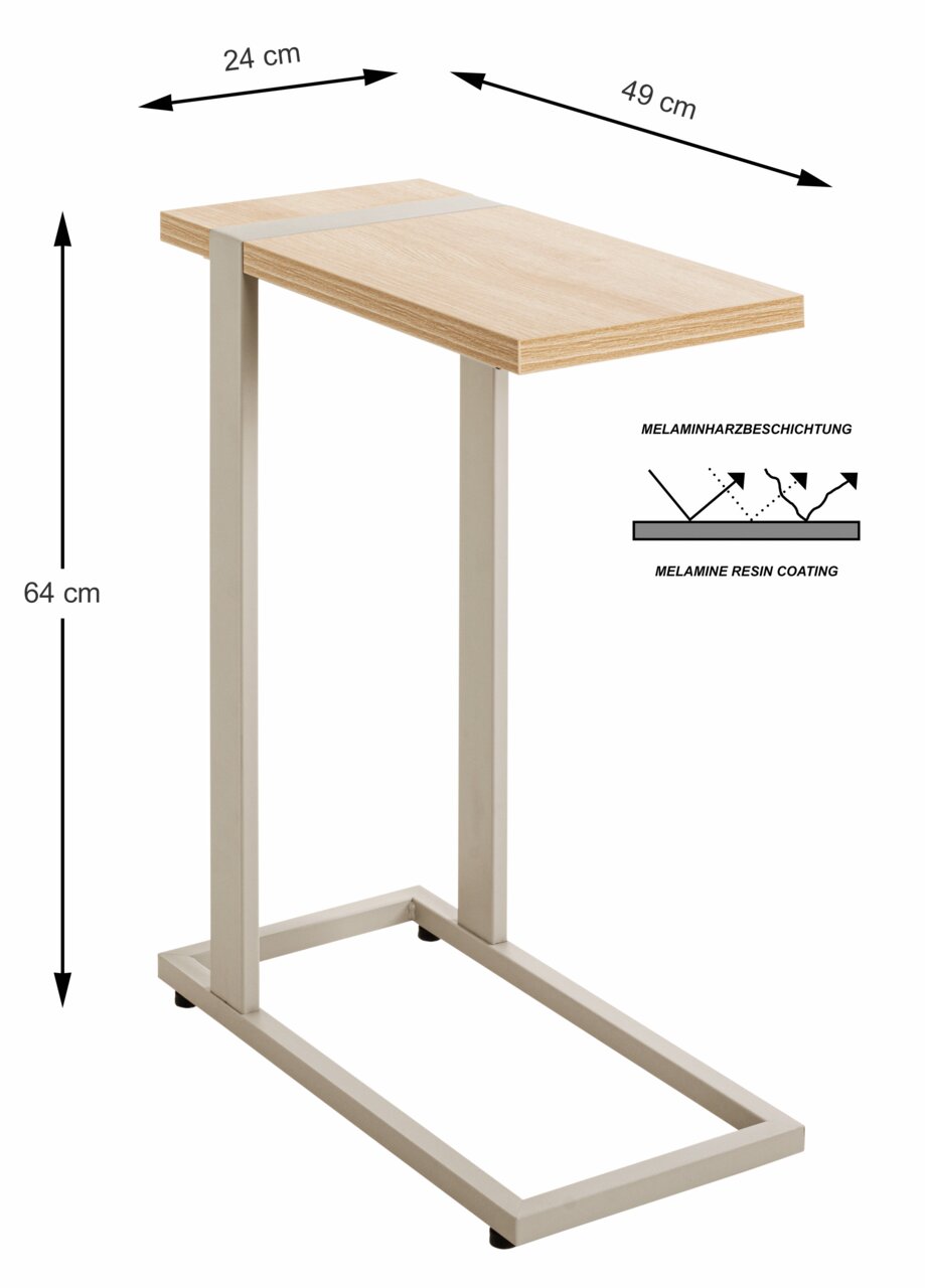 Moderner Beistelltisch mit rechteckiger Holzplatte und Metallrahmen, seitliche Perspektive.