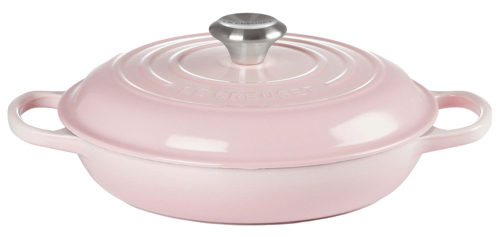 LE CREUSET Gourmet Profitopf 26cm Shell Pink SIGNATURE Rosa Gourmet Profitopf mit Deckel und zwei Griffen, seitliche Perspektive