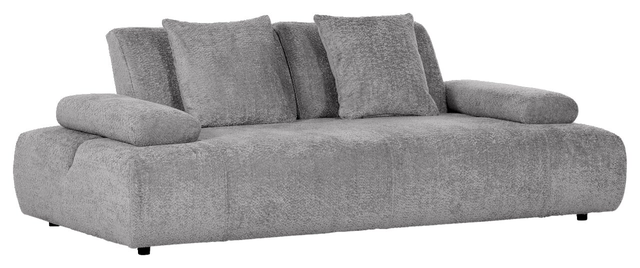 Graues 2-Sitzer Sofa mit weicher Polsterung und drei Rückenkissen, seitliche Perspektive
