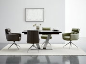 Modernes Esszimmer-Set mit schwarzem Tisch und vier drehbaren Polsterstühlen in Grau und Olivgrün auf hellem Teppich, frontal in leichter Seitenansicht aufgenommen.