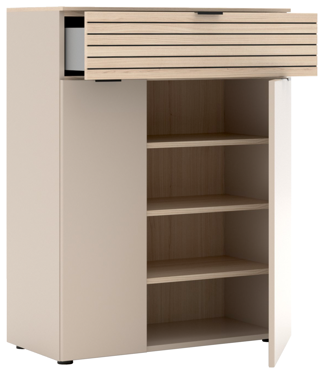 Garderobenschrank mit offener Tür und Schublade, zeigt Regalböden und moderne Holzoptik, seitliche Perspektive