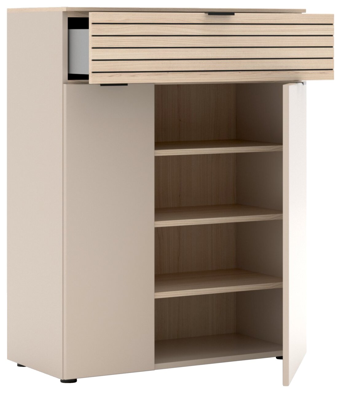 Garderobenschrank mit offener Tür und Schublade, zeigt Regalböden und moderne Holzoptik, seitliche Perspektive