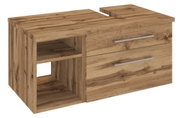 Waschtischunterschrank aus Holz mit zwei Schubladen und offenem Regal, Perspektive von vorne links