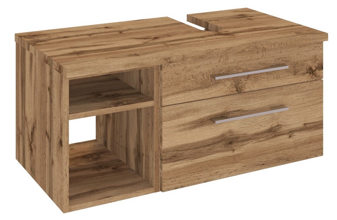 Waschtischunterschrank aus Holz mit zwei Schubladen und offenem Regal, Perspektive von vorne links