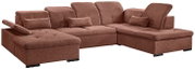 Braune Ecksofa mit verstellbaren Rückenlehnen und Kissen, Perspektive von vorne links
