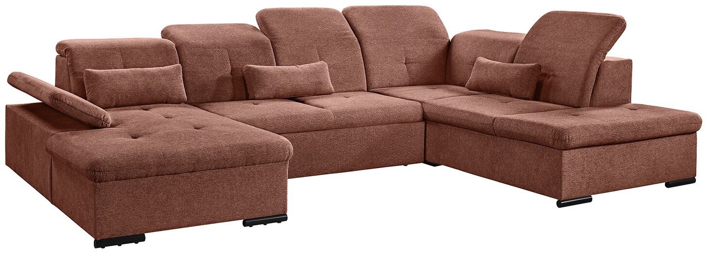 Braune Ecksofa mit verstellbaren Rückenlehnen und Kissen, Perspektive von vorne links