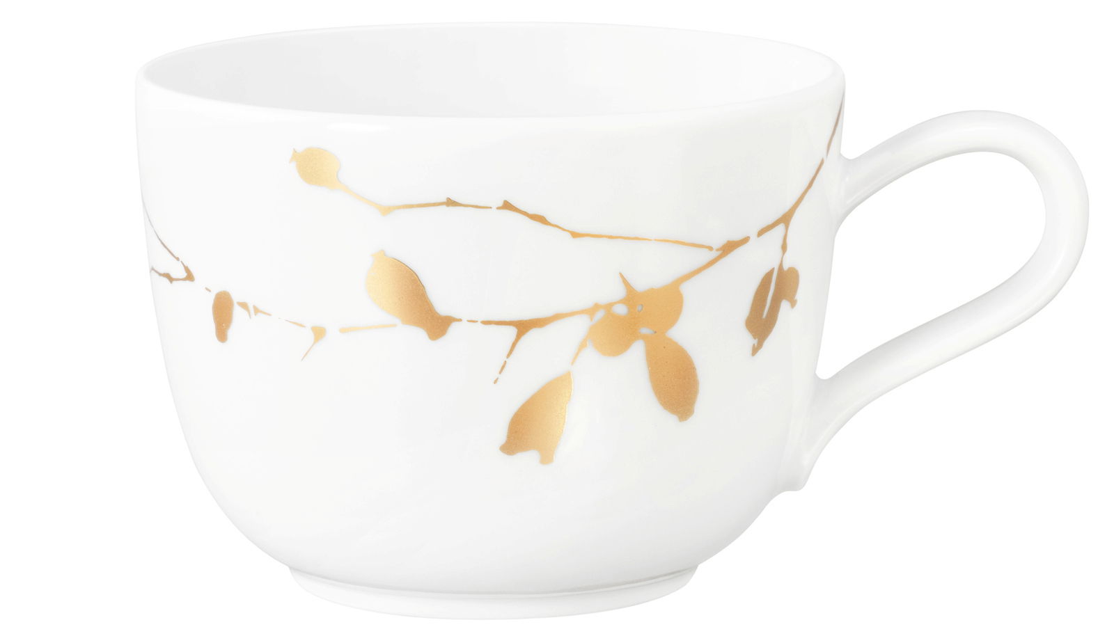 Weiße Kaffeetasse mit goldenen Rosenmustern, seitliche Perspektive