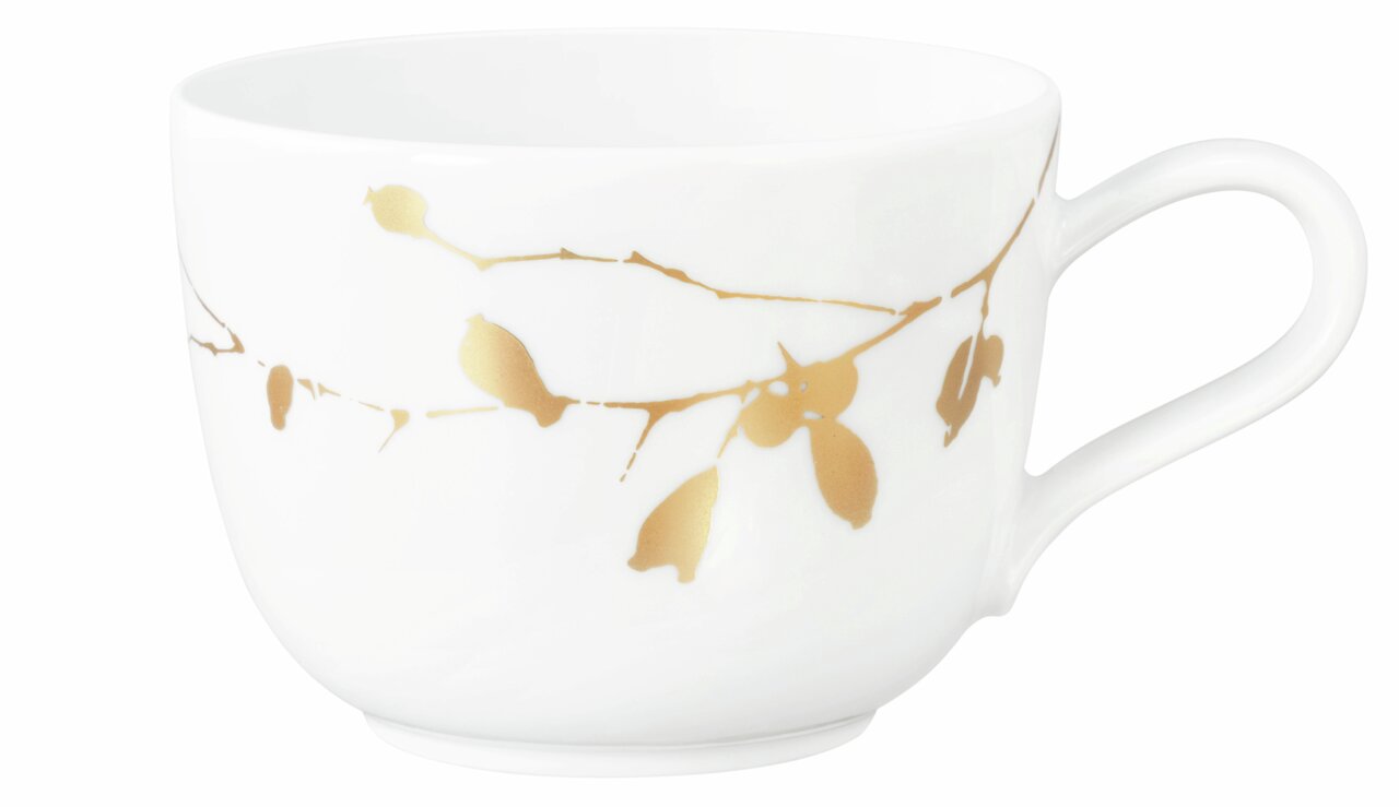 Seltmann Weiden Kaffeetasse LIBERTY GOLDEN ROSE Weiße Kaffeetasse mit goldenen Rosenmustern, seitliche Perspektive
