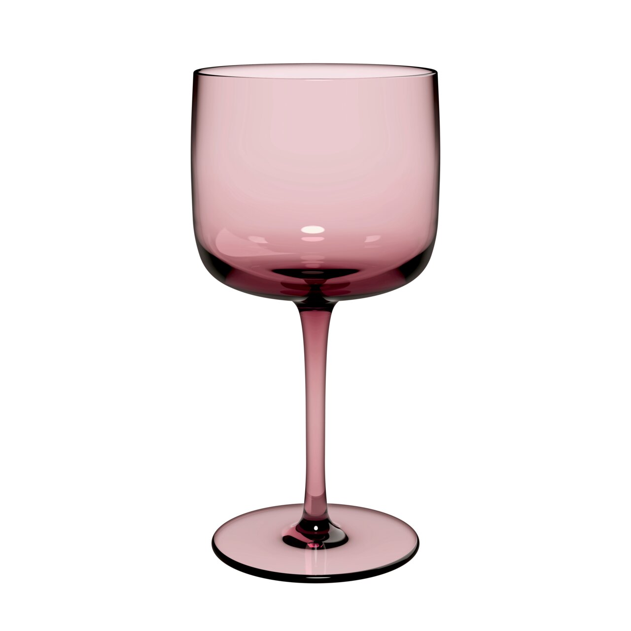 Weinkelch aus rosafarbenem Glas, frontal abgebildet.