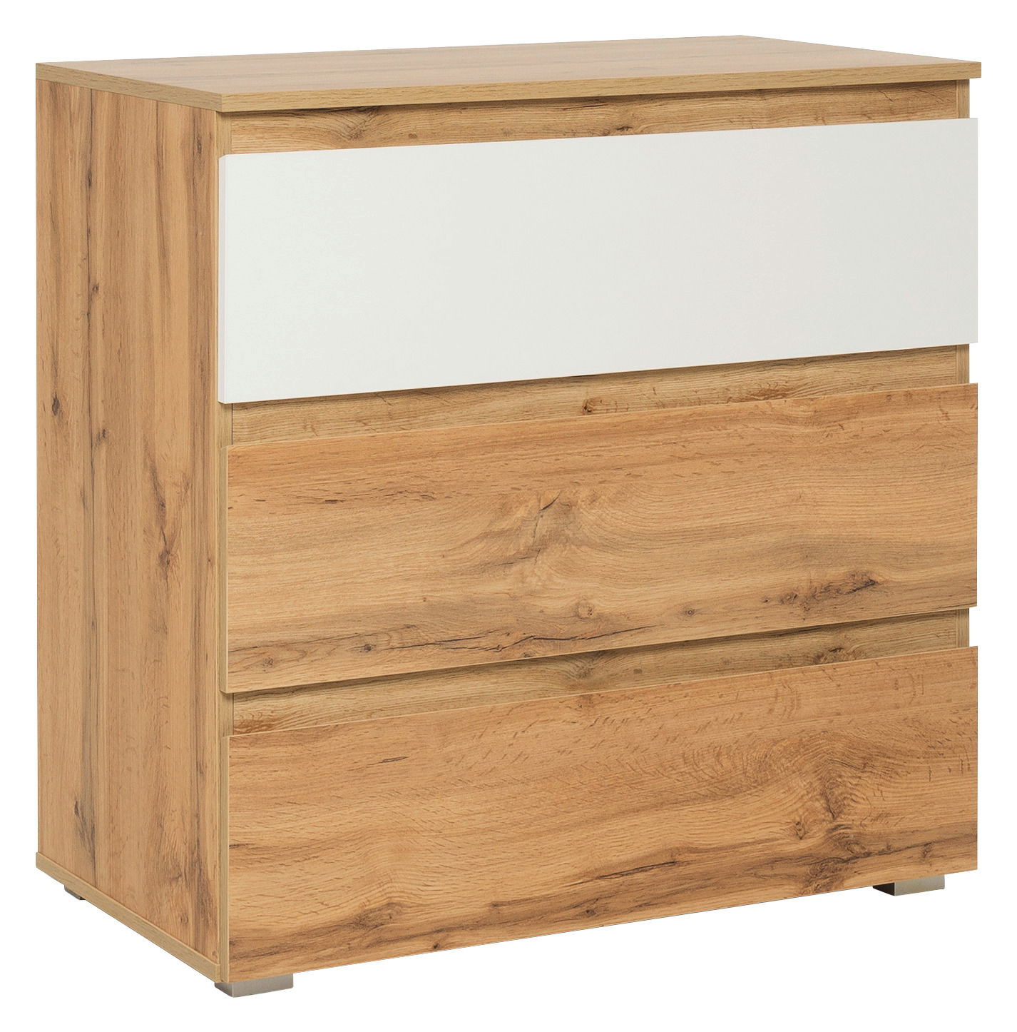 Kommode aus Holz mit drei Schubladen, davon eine in Weiß, aus schräger Perspektive fotografiert.