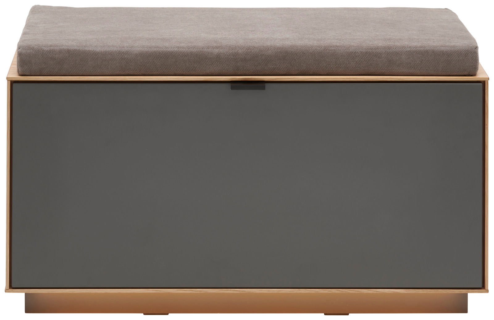 Garderobenbank mit grauem Sitzpolster und dunkler Frontansicht