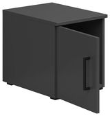 Grauer Aufsatzschrank mit geöffneter Tür, seitliche Perspektive