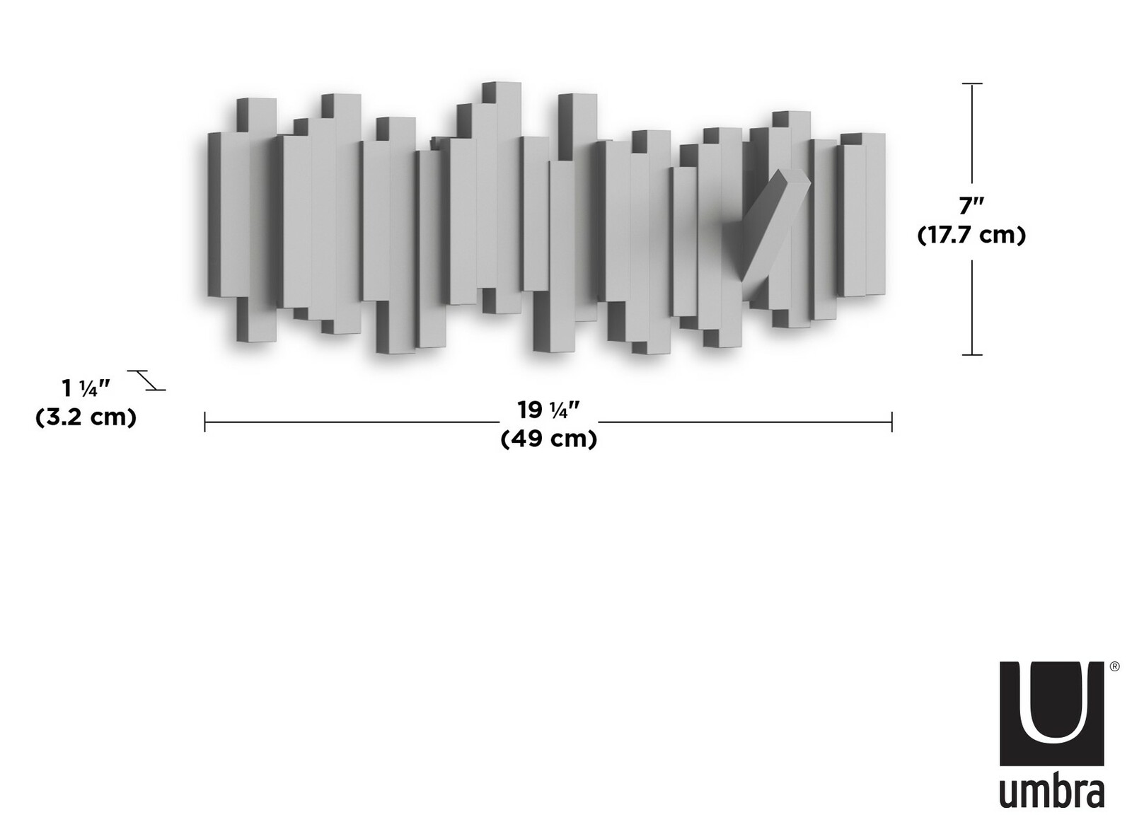 Moderne Wandgarderobe mit geometrischem Design, seitliche Perspektive, Maße: 49 cm breit, 17,7 cm hoch, 3,2 cm tief.