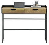 Moderner Konsolentisch mit zwei Schubladen aus Holz und schwarzem Metallgestell, frontal abgebildet. Auf der Tischplatte befinden sich ein Tablet, ein Stift, ein Glas mit Korken und ein Notizblock.