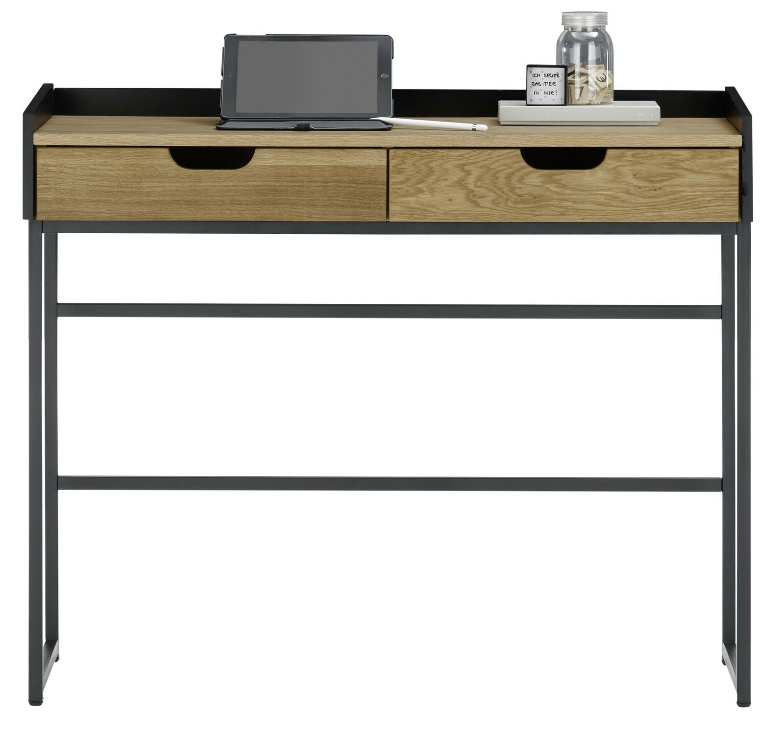 Moderner Konsolentisch mit zwei Schubladen aus Holz und schwarzem Metallgestell, frontal abgebildet. Auf der Tischplatte befinden sich ein Tablet, ein Stift, ein Glas mit Korken und ein Notizblock.