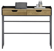 Moderner Konsolentisch mit zwei Schubladen aus Holz und schwarzem Metallgestell, frontal abgebildet. Auf der Tischplatte befinden sich ein Tablet, ein Stift, ein Glas mit Korken und ein Notizblock.