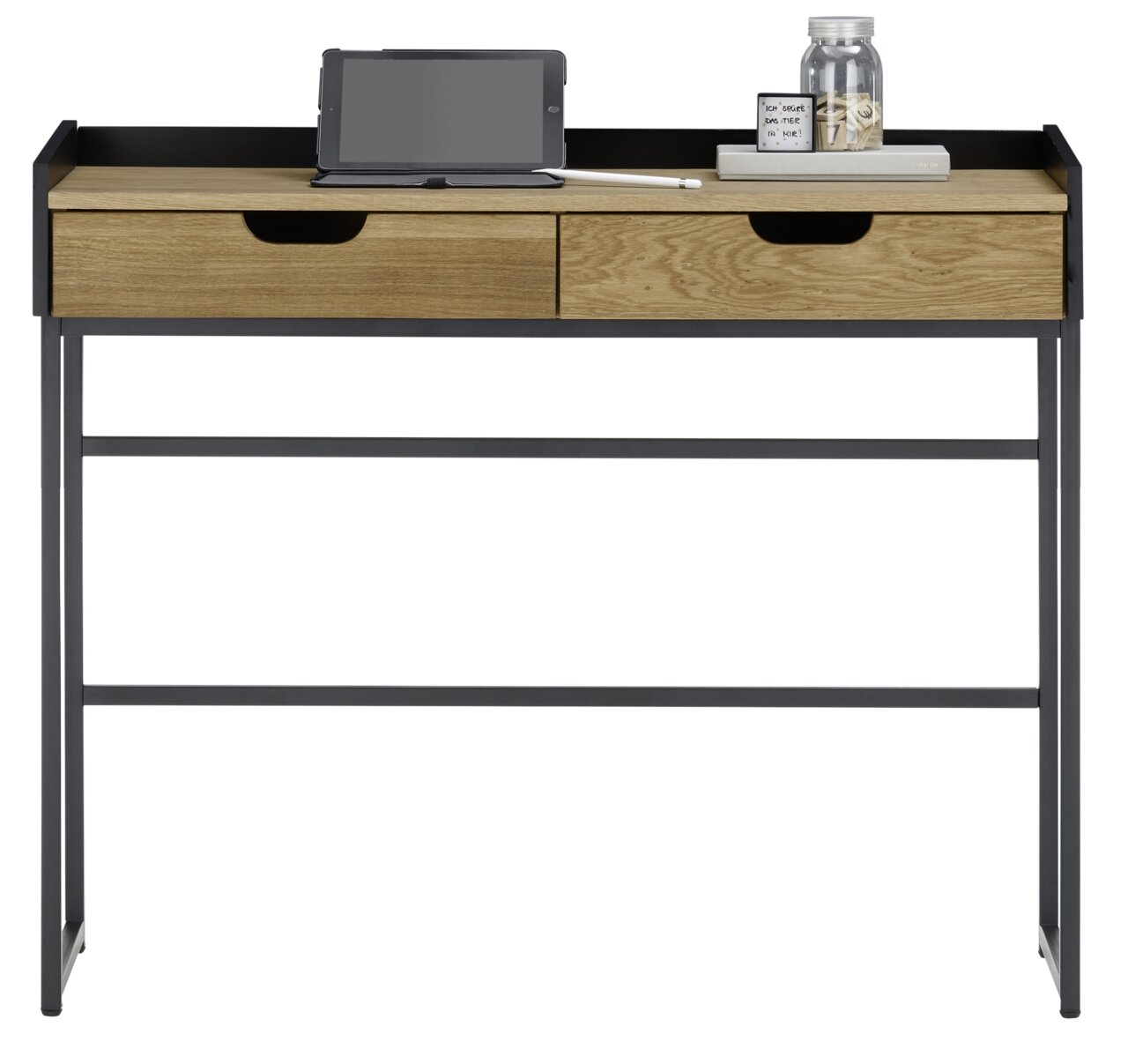 Moderne consoletafel met twee lades van hout en een zwart metalen onderstel, hier van voren afgebeeld. Op het tafelblad liggen een tablet, een pen, een glas met kurk en een notitieblok.