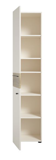 Hoher, schmaler Aktenschrank mit fünf offenen Fächern und einem Schloss auf der rechten Seite, frontal betrachtet.