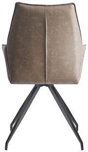 Rückansicht eines modernen Armlehnstuhls mit braunem Lederbezug und schwarzen Metallbeinen.