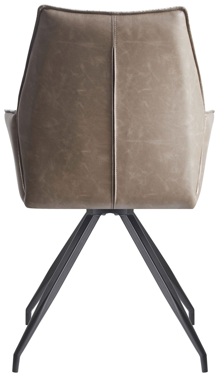 Rückansicht eines modernen Armlehnstuhls mit braunem Lederbezug und schwarzen Metallbeinen.