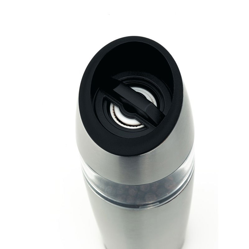 WMF Elektrische Mühle Elektrische Mühle aus der Vogelperspektive mit Edelstahlgehäuse und transparentem Behälter.