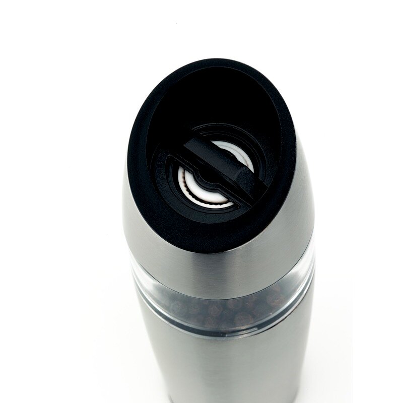 WMF Elektrische Mühle Elektrische Mühle aus der Vogelperspektive mit Edelstahlgehäuse und transparentem Behälter.