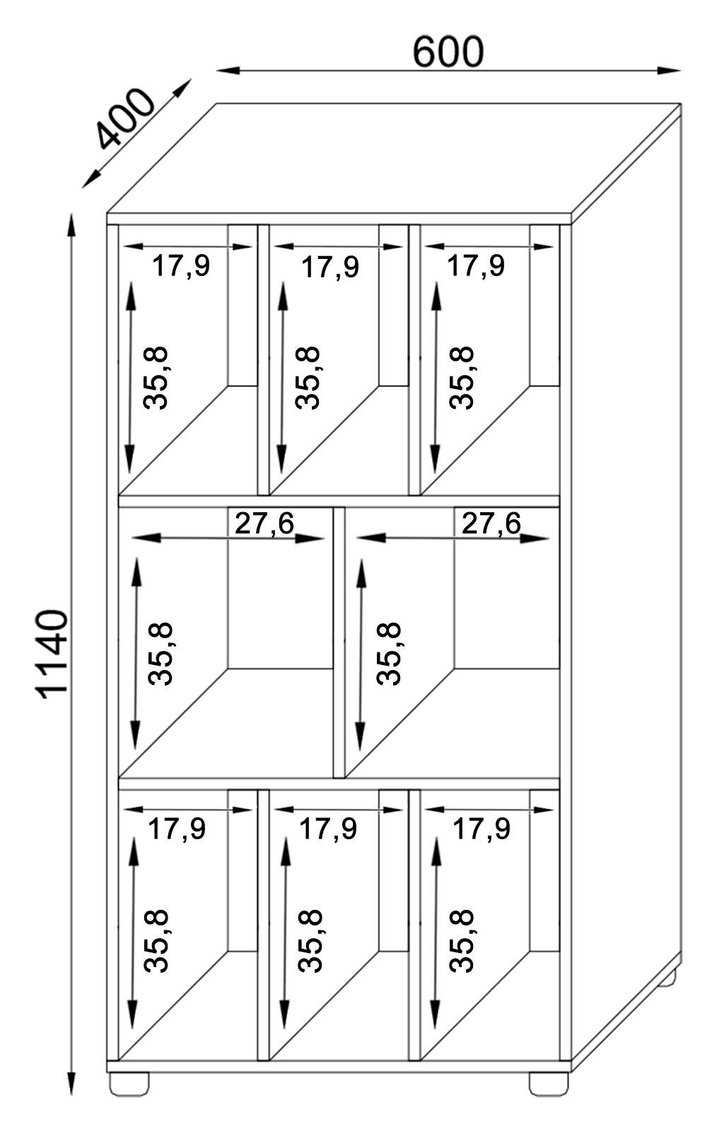 Technische Zeichnung eines offenen Regalschranks mit 8 Fächern, Maße ca. 60 cm breit, 40 cm tief und 114 cm hoch, dargestellt in schräger Frontansicht (Perspektive von vorne rechts).