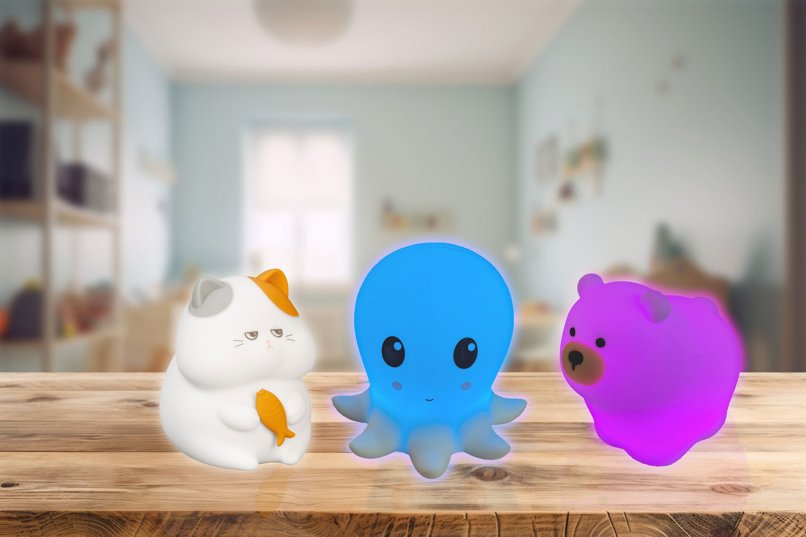 Vorderansicht von drei leuchtenden Nachtlichtern in Tierform: eine weiße Katze mit orangefarbenem Fleck, ein blaues Oktopus und ein pinker Bär, auf einem Holztisch in einem Kinderzimmer.