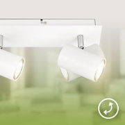 Witte plafondspot met vier draaibare lampkoppen, van schuin onderen in close-up weergegeven