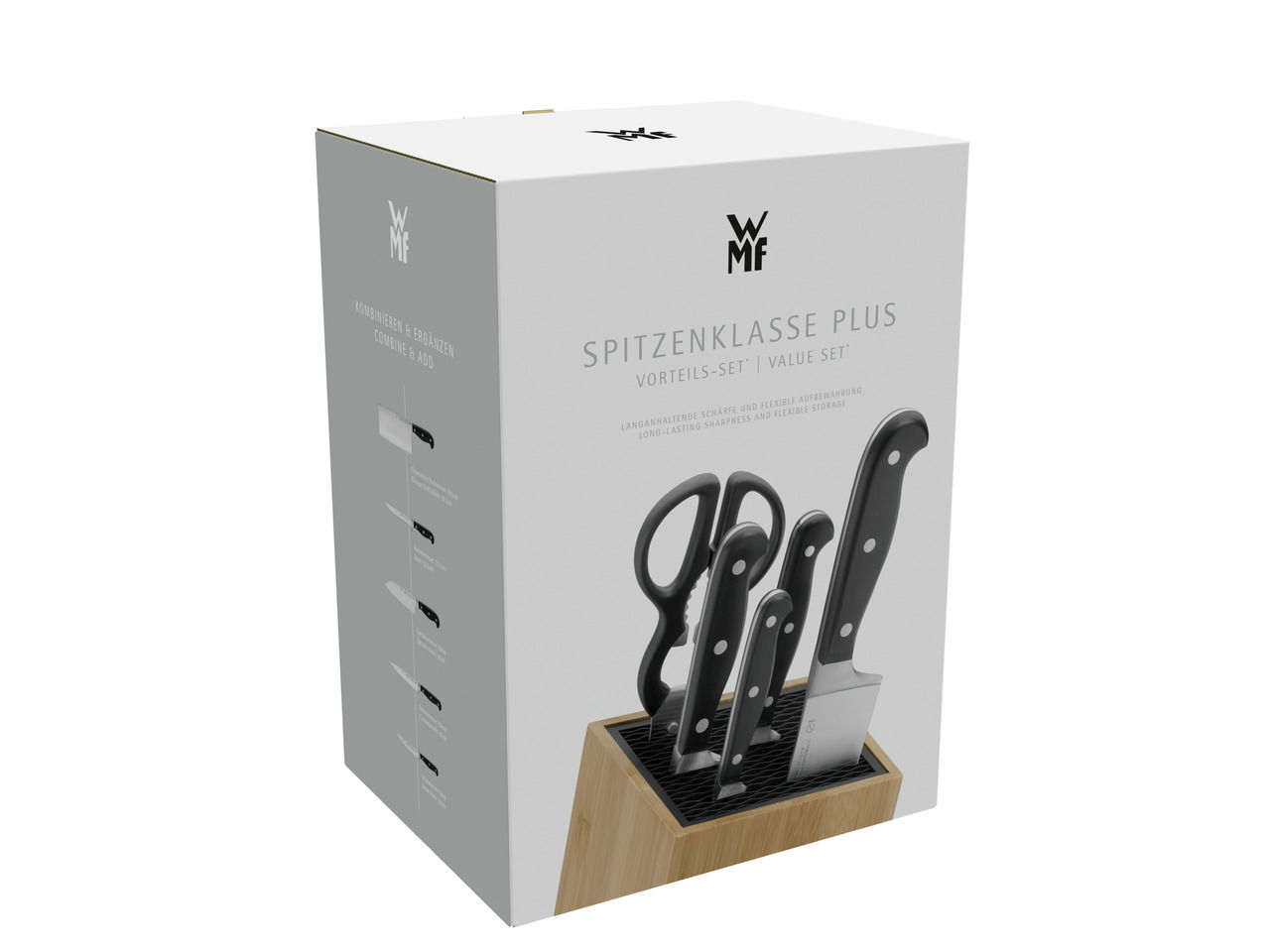 Verpackung des WMF Spitzenklasse Plus Messerblocks, 6-teilig, mit seitlicher Perspektive