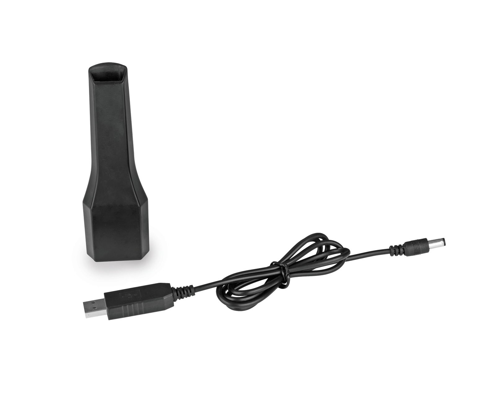 Schwarzes Zubehörteil und USB-Ladekabel für Akku Handstaubsauger, Ansicht von oben