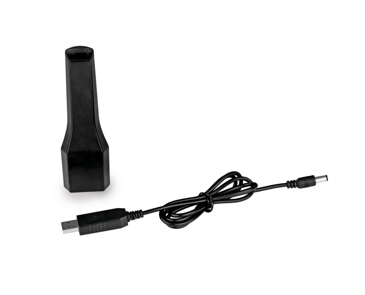 Schwarzes Zubehörteil und USB-Ladekabel für Akku Handstaubsauger, Ansicht von oben