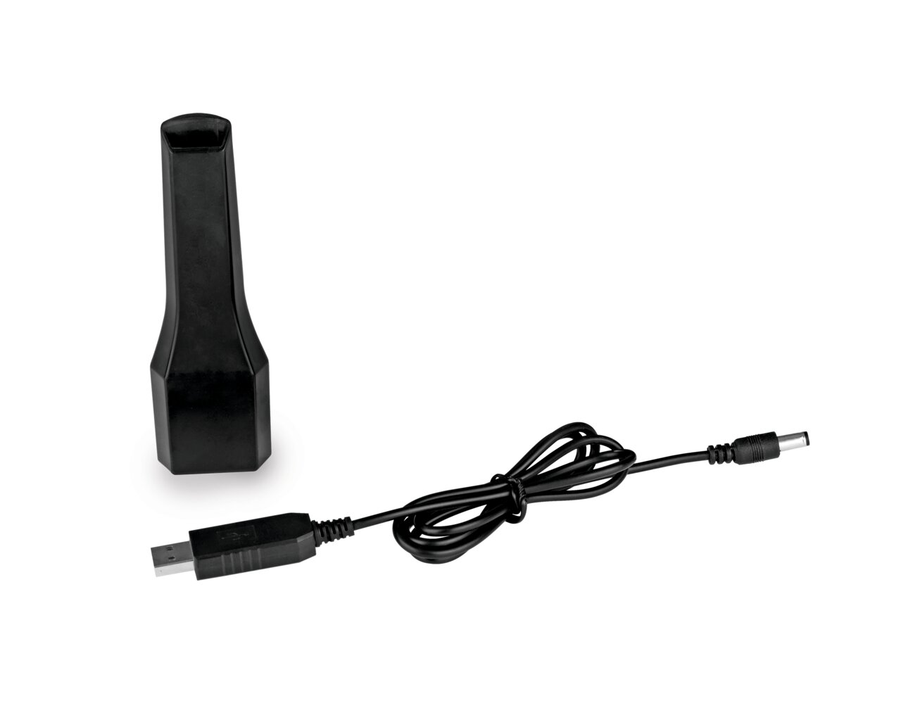 Zwart accessoire en USB-oplaadkabel voor een draagbare stofzuiger met accu, gezien van bovenaf