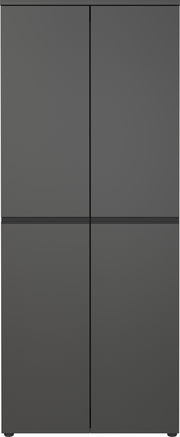 Moderner, grauer Aktenschrank mit vier Türen, frontal betrachtet.